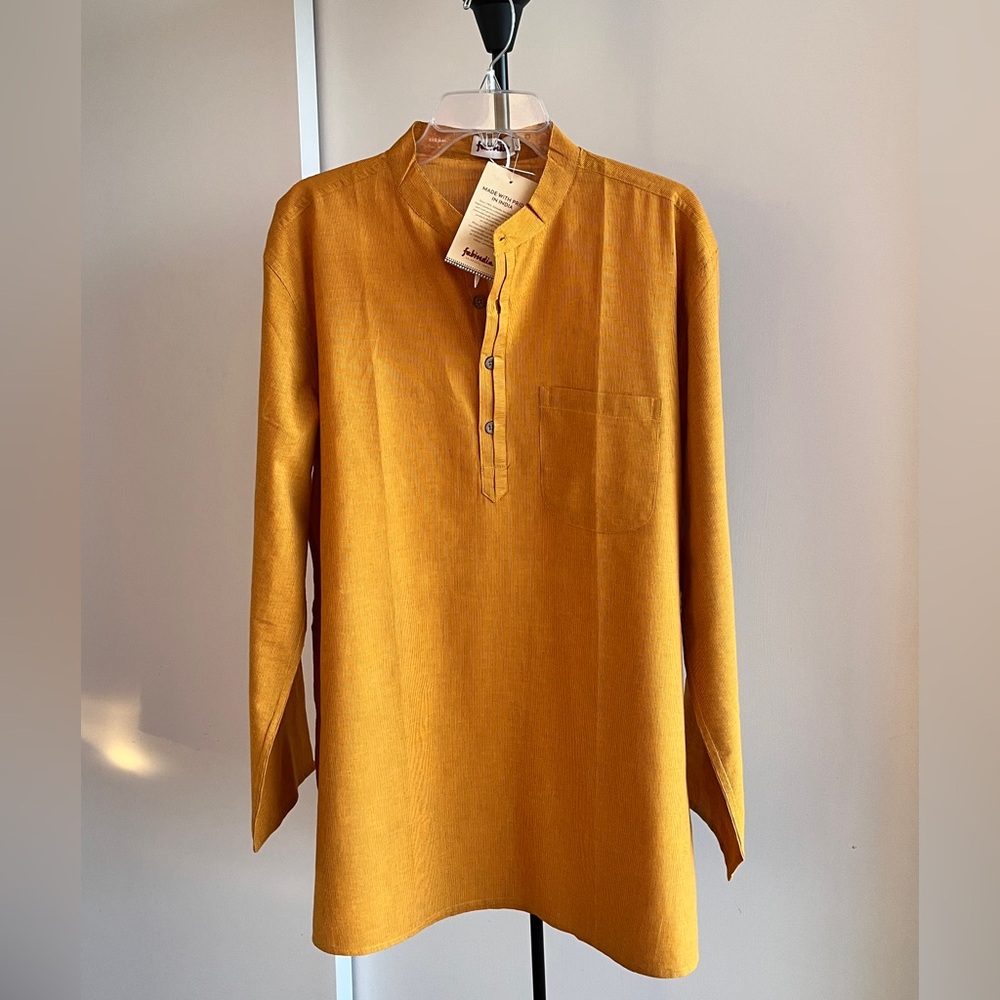 NWT FABINDIA Men's Mustard Yellow Woven 100% Cotton Nehru Kurta Comfort XXL